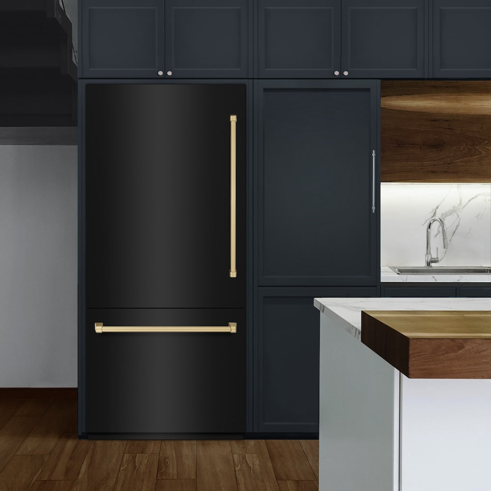 ZLINE Autograph Edition 36-inch refrigerator in black stainless steel with bright white interior and champagne bronze accents RBITZ-BS-36-CB, view 2