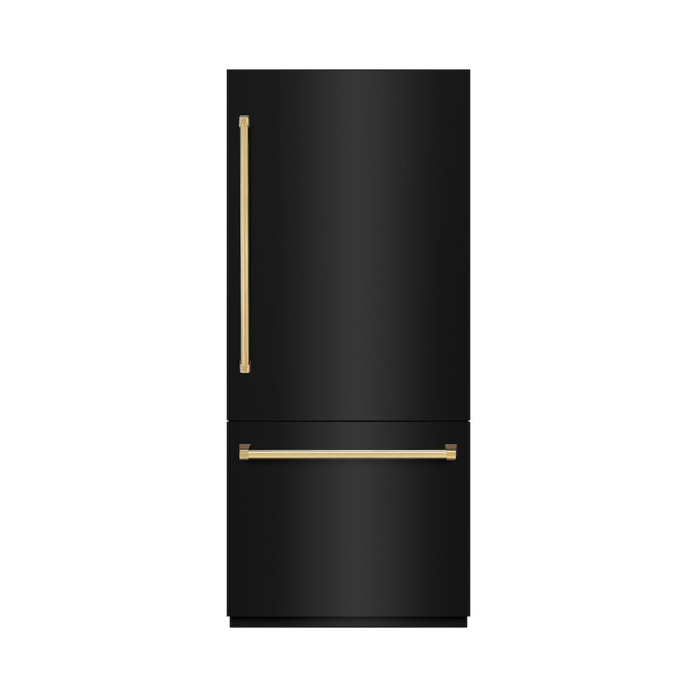 ZLINE Autograph Edition 36-inch refrigerator in black stainless steel with bright white interior and polished gold accents RBITZ-BS-36-G