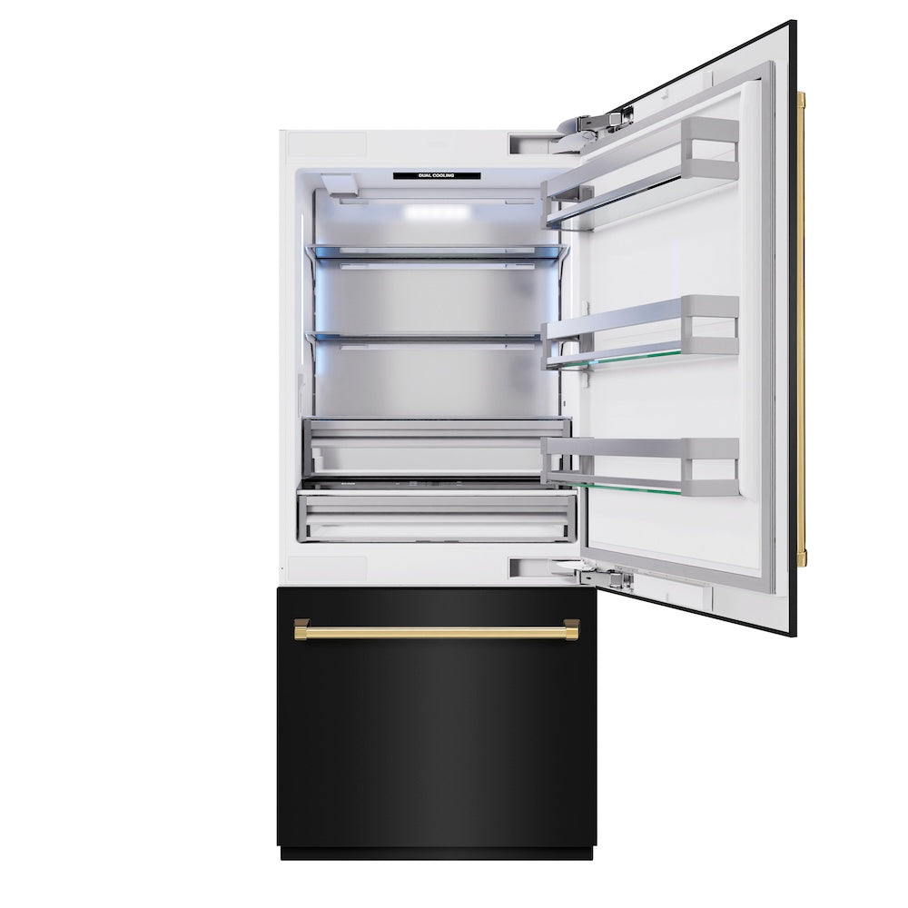 ZLINE Autograph Edition 36-inch refrigerator in black stainless steel with bright white interior and polished gold accents RBITZ-BS-36-G, front view