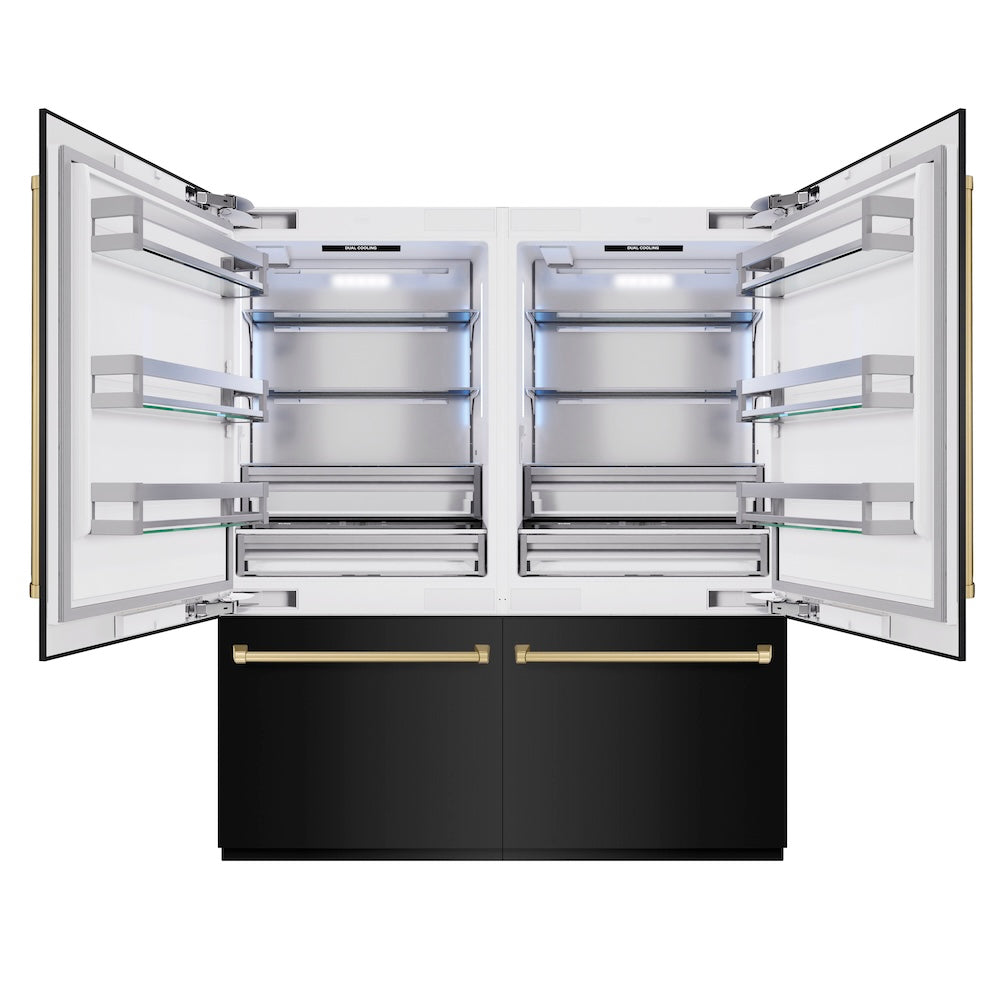 ZLINE Autograph Edition 72-inch refrigerator in black stainless steel with bright white interior and champagne bronze accents RBITZ-BS-72-CB, front view