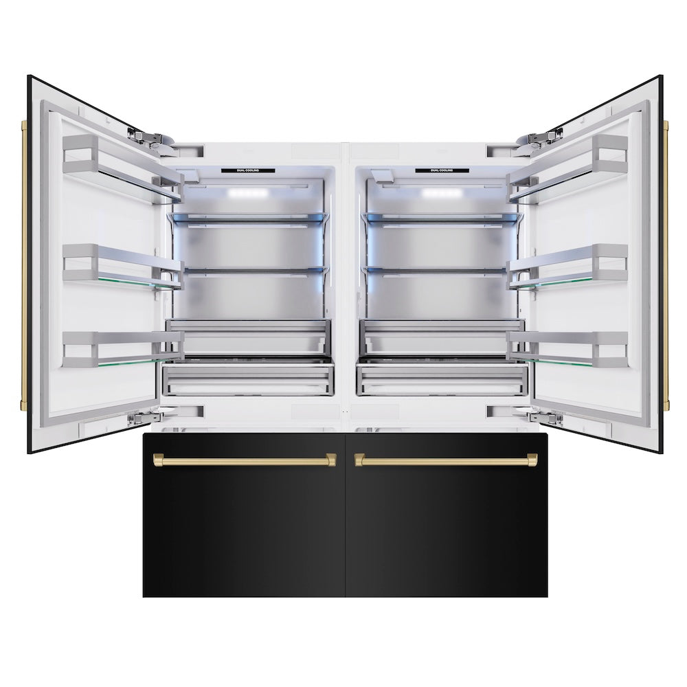 ZLINE Autograph Edition 72-inch refrigerator in black stainless steel with bright white interior and champagne bronze accents RBITZ-BS-72-CB, front view