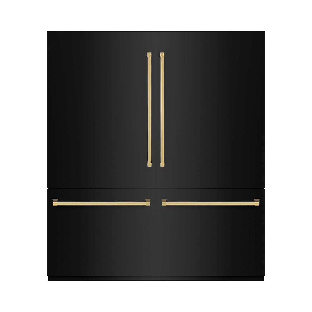 ZLINE Autograph Edition 72-inch refrigerator in black stainless steel with bright white interior and polished gold accents RBITZ-BS-72-G