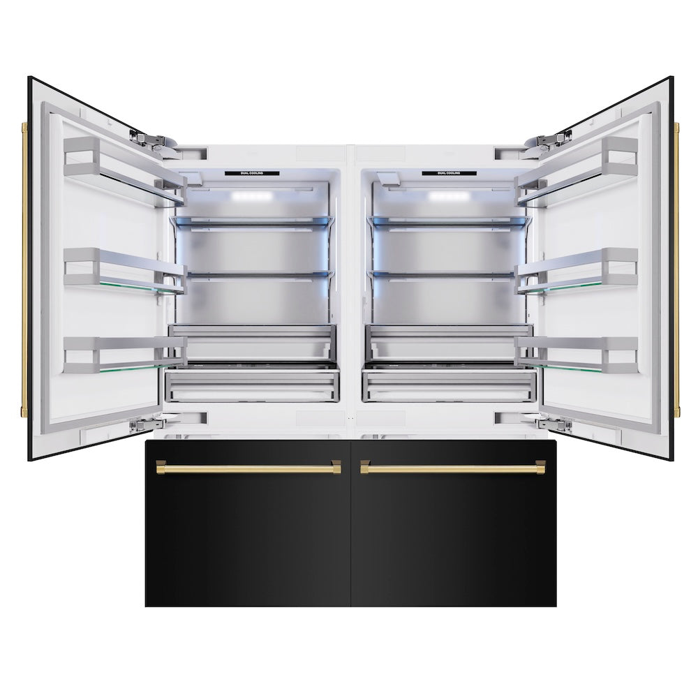 ZLINE Autograph Edition 72-inch refrigerator in black stainless steel with bright white interior and polished gold accents RBITZ-BS-72-G, front view
