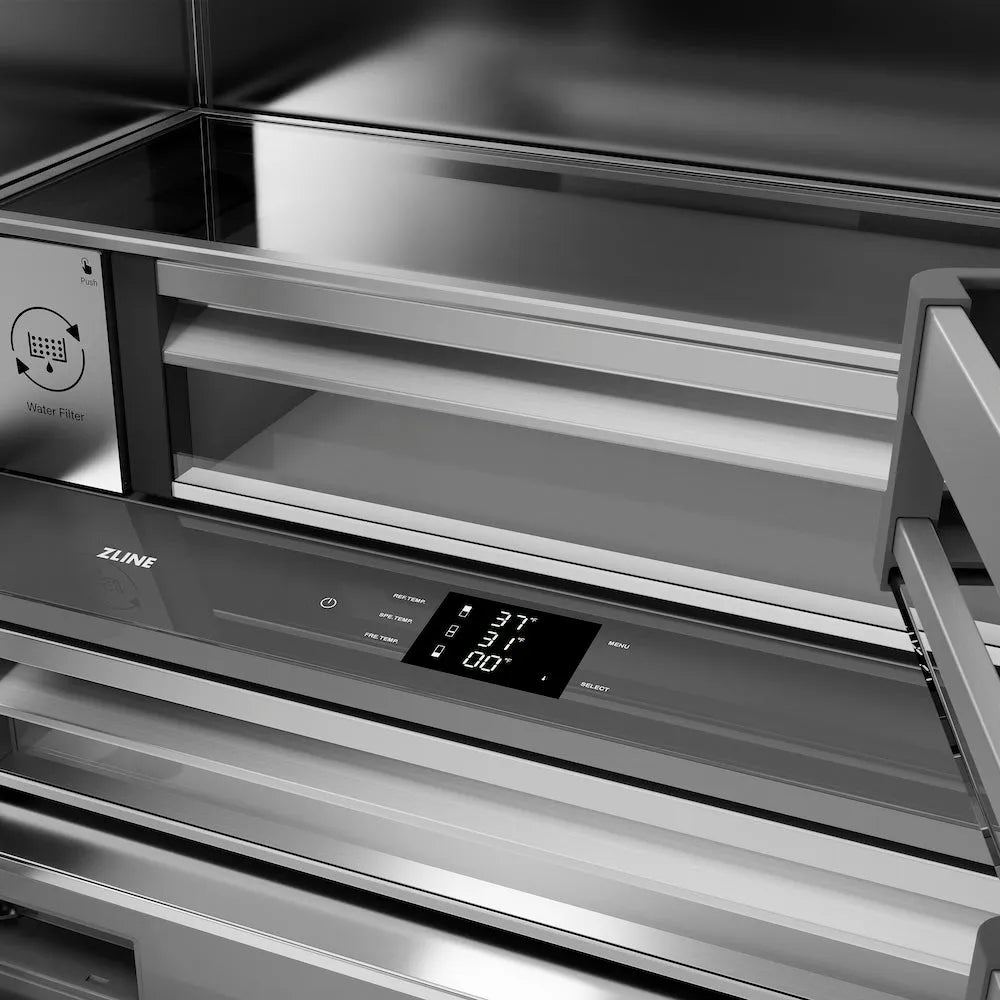 ZLINE Autograph Edition 36-inch refrigerator in black stainless steel with stainless steel interior and champagne bronze accents SRBIVZ-BS-36-CB, detail