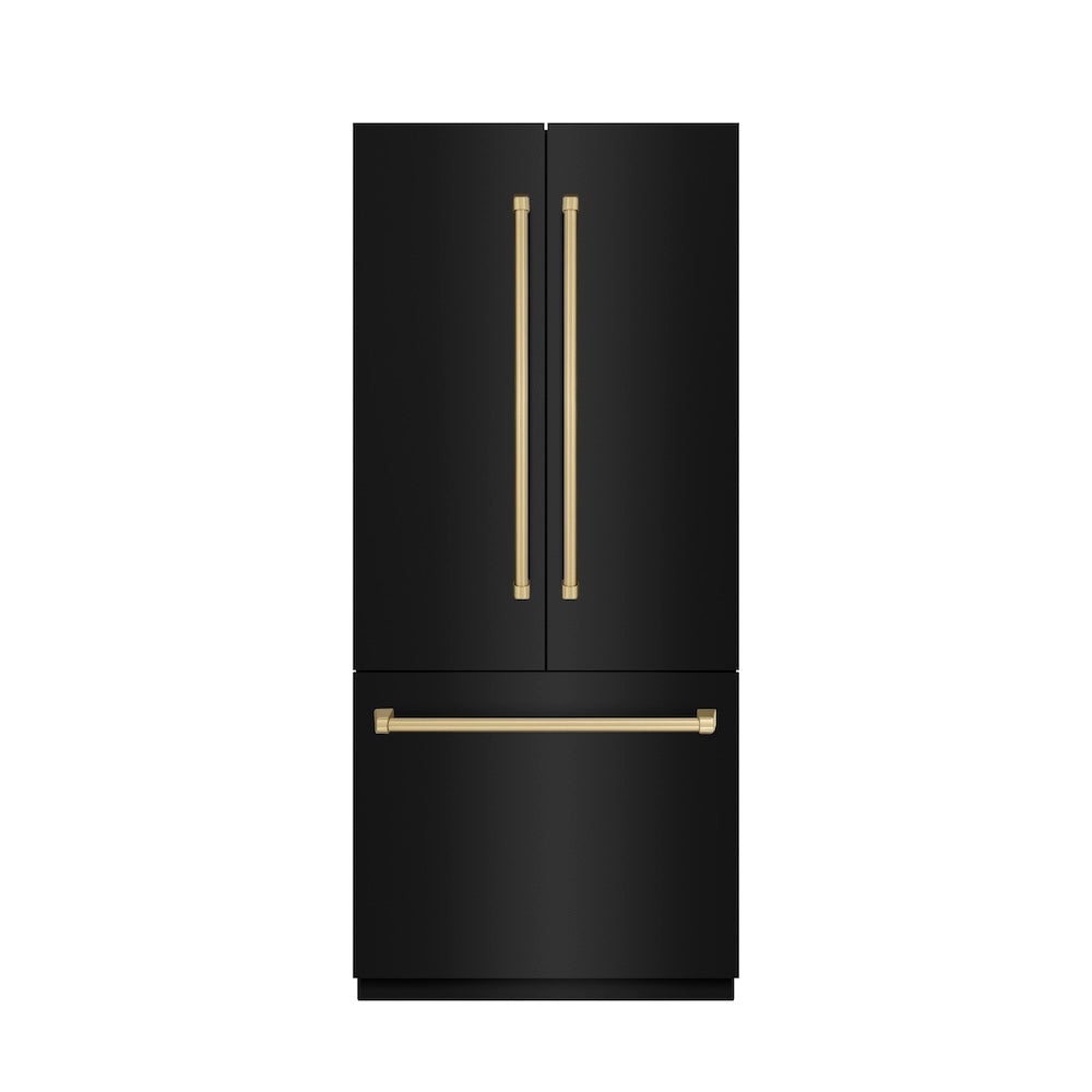 ZLINE Autograph Edition 36-inch refrigerator in black stainless steel with stainless steel interior and champagne bronze accents SRBIVZ-BS-36-CB, front view