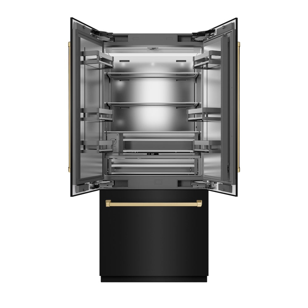 ZLINE Autograph Edition 36-inch refrigerator in black stainless steel with stainless steel interior and champagne bronze accents SRBIVZ-BS-36-CB, front view