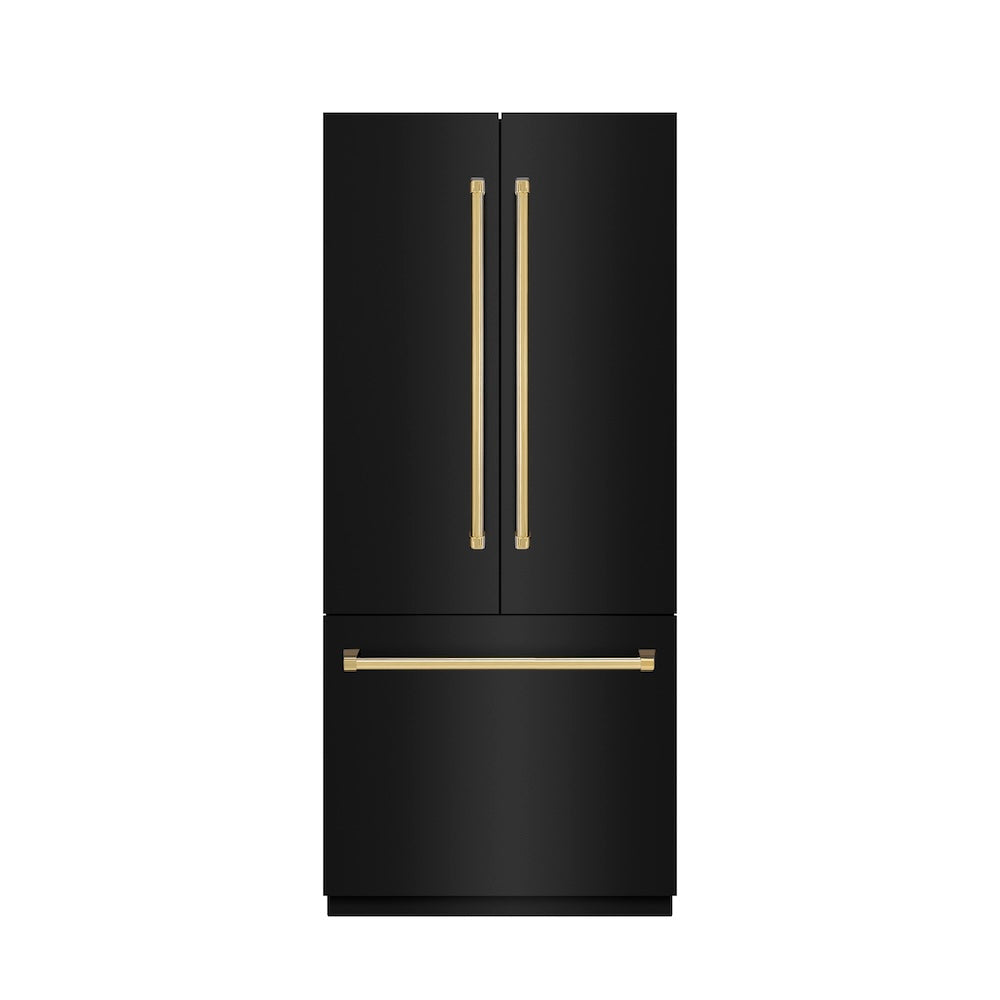 ZLINE Autograph Edition 36-inch refrigerator in black stainless steel with stainless steel interior and polished gold accents SRBIVZ-BS-36-G, front view