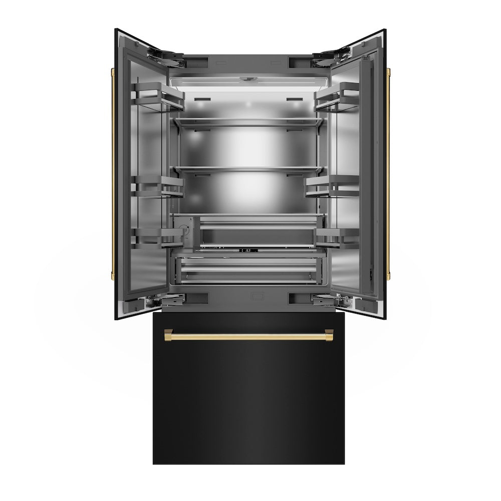 ZLINE Autograph Edition 36-inch refrigerator in black stainless steel with stainless steel interior and polished gold accents SRBIVZ-BS-36-G