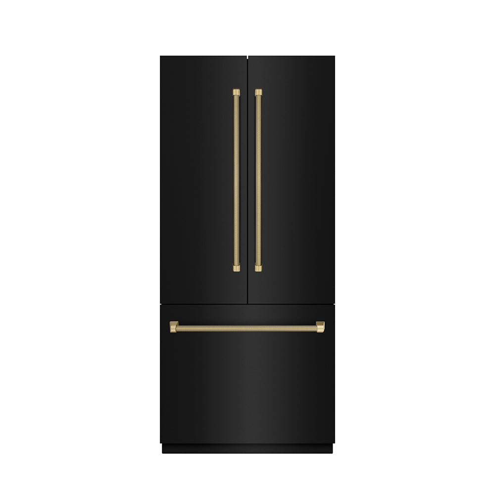 ZLINE Autograph Edition 36-inch refrigerator in black stainless steel with stainless steel interior and champagne bronze accents SRBIVZ-BS36KCB, front view