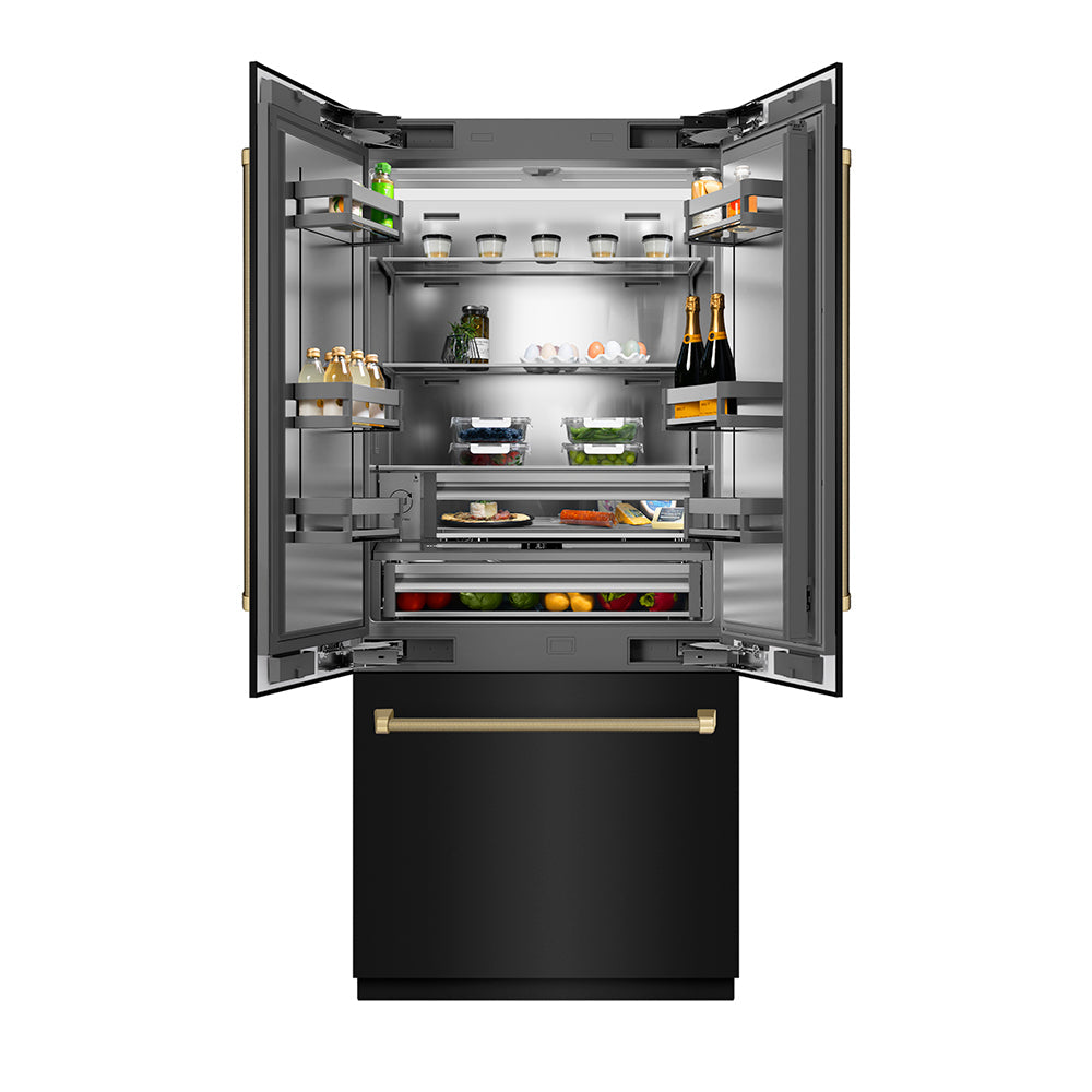 ZLINE Autograph Edition 36-inch refrigerator in black stainless steel with stainless steel interior and champagne bronze accents SRBIVZ-BS36KCB, front view