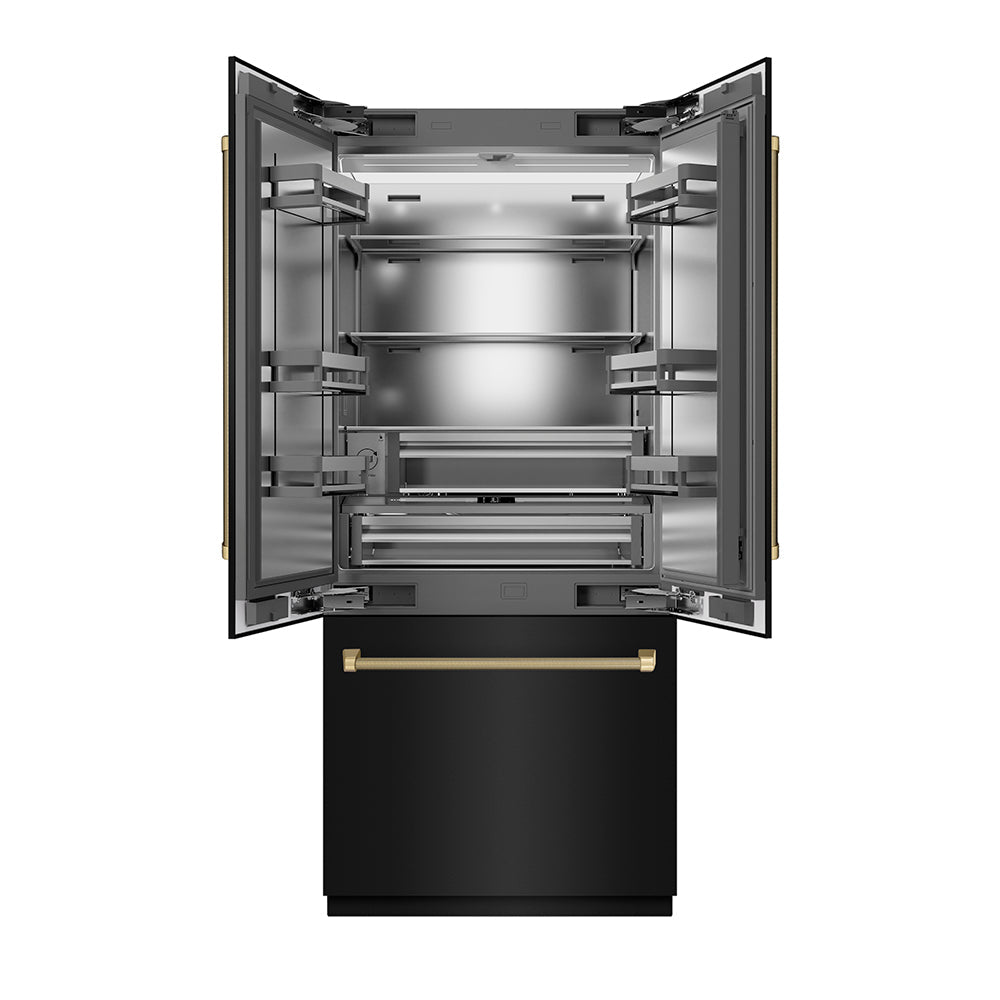 ZLINE Autograph Edition 36-inch refrigerator in black stainless steel with stainless steel interior and champagne bronze accents SRBIVZ-BS36KCB