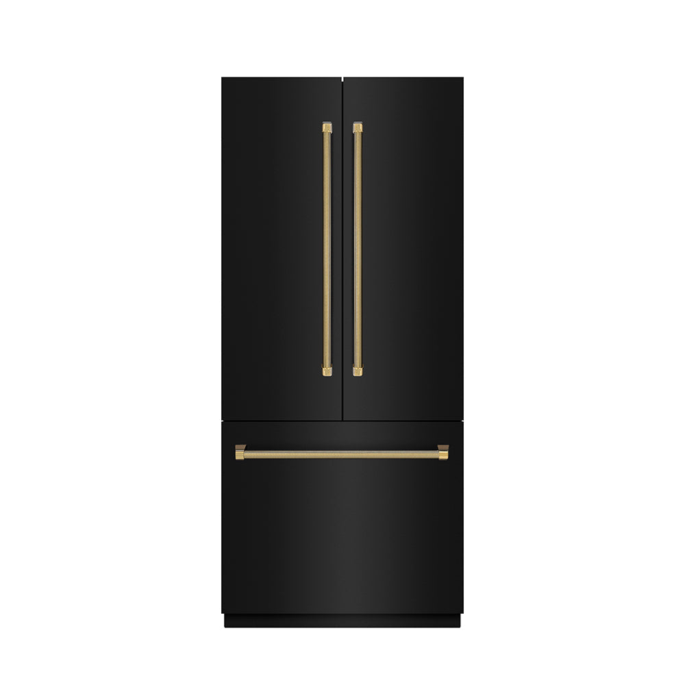 ZLINE Autograph Edition 36-inch refrigerator in black stainless steel with stainless steel interior and polished gold accents SRBIVZ-BS36KG, front view