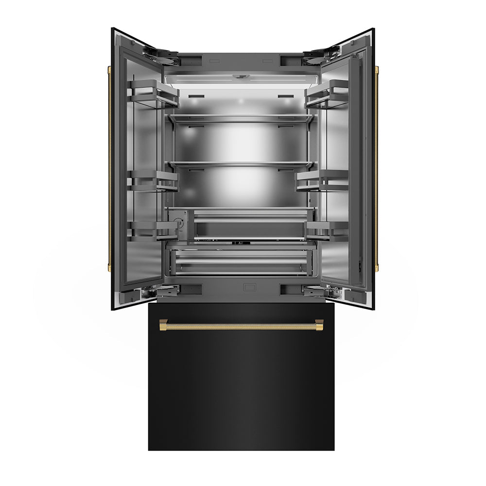 ZLINE Autograph Edition 36-inch refrigerator in black stainless steel with stainless steel interior and polished gold accents SRBIVZ-BS36KG, front view