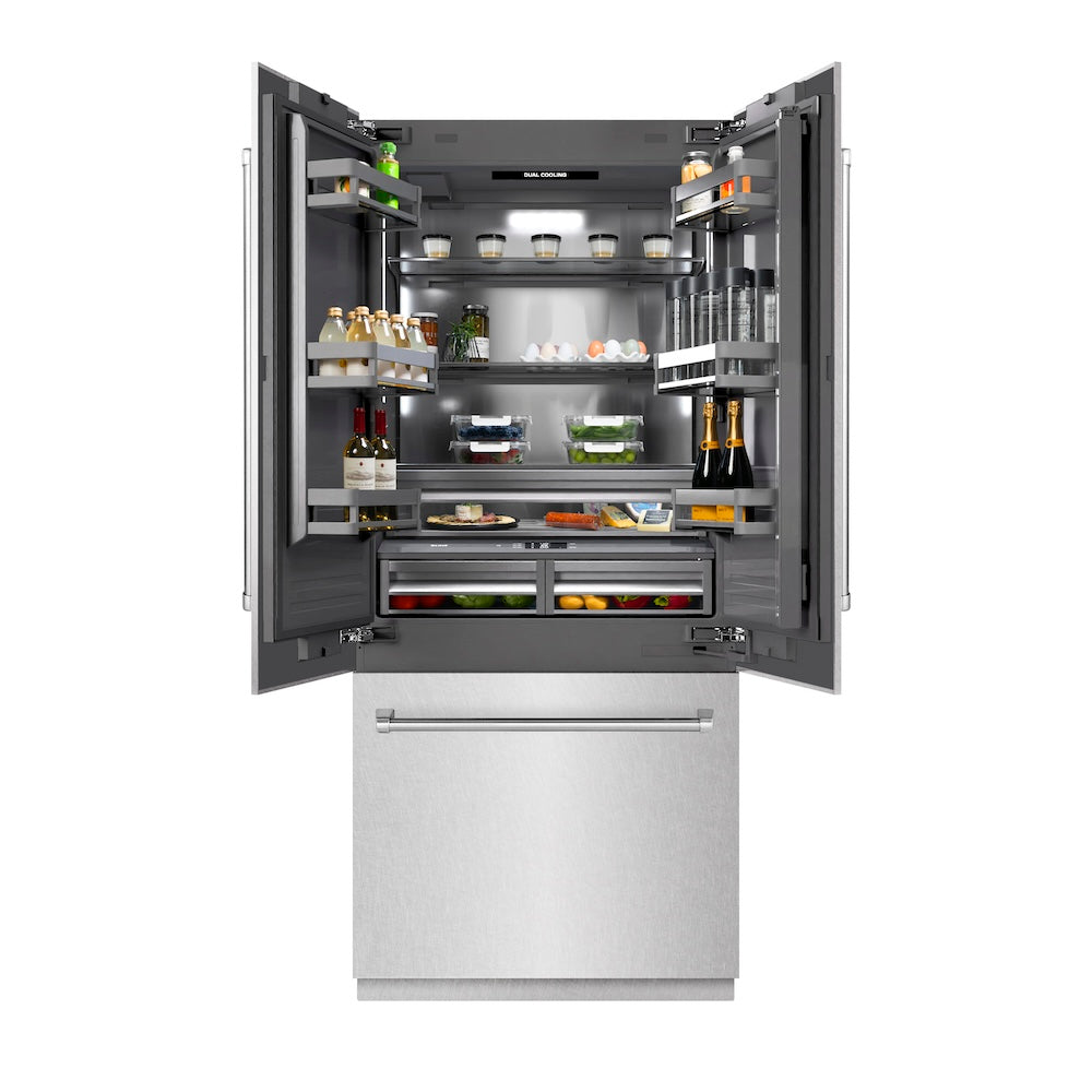 ZLINE 36-inch refrigerator in satin stainless steel with graphite gray interior GRBIV-SN-36, front view