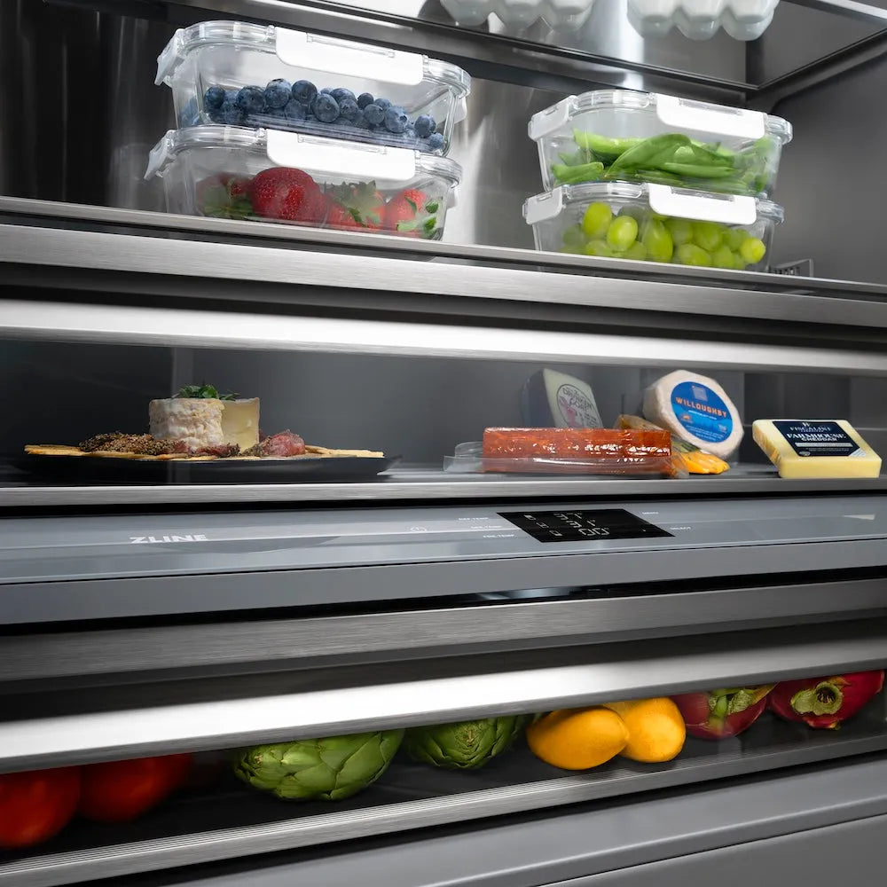 ZLINE Autograph Edition 30-inch refrigerator in satin stainless steel with graphite gray interior and matte black accents GRBIVZ-SN-30-MB, detail