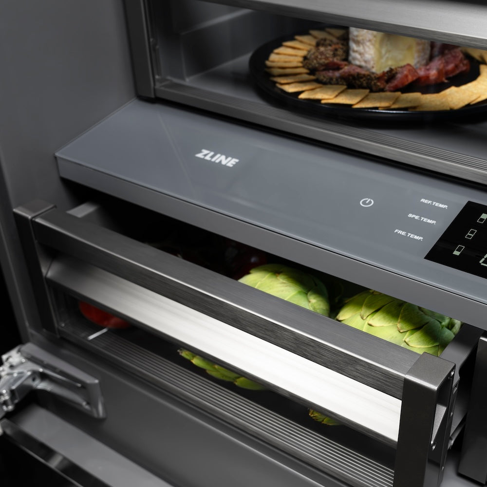 ZLINE Autograph Edition 36-inch refrigerator in satin stainless steel with graphite gray interior and champagne bronze accents GRBIVZ-SN-36-CB, detail