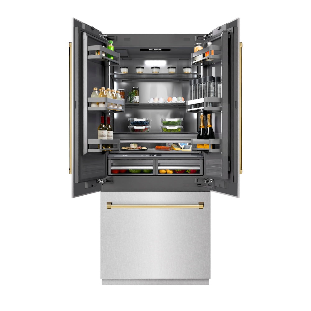 ZLINE Autograph Edition 36-inch refrigerator in satin stainless steel with graphite gray interior and polished gold accents GRBIVZ-SN-36-G, front view