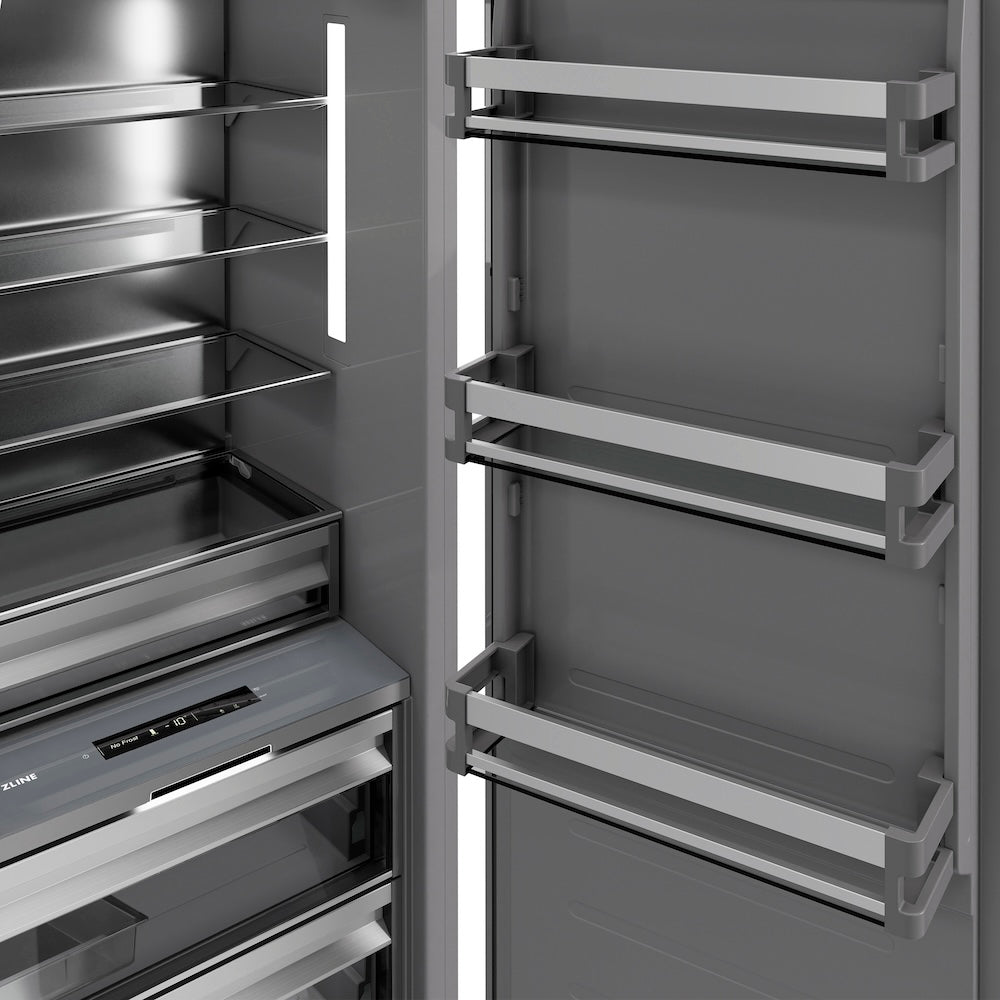ZLINE Autograph Edition 18-inch freezer, panel ready with graphite gray interior and polished gold accents RBCFVRZ-18-G, door open
