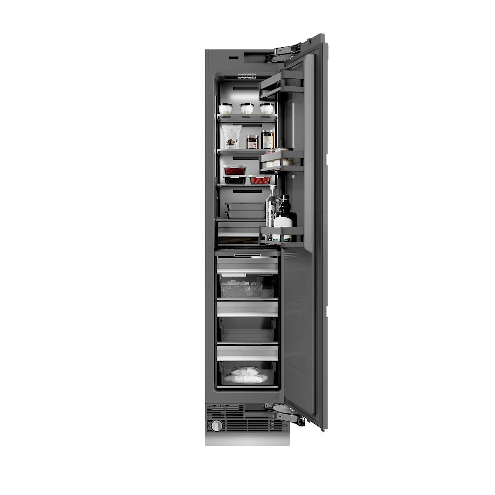 ZLINE Autograph Edition 18-inch freezer, panel ready with graphite gray interior and polished gold accents RBCFVRZ-18-G, front view