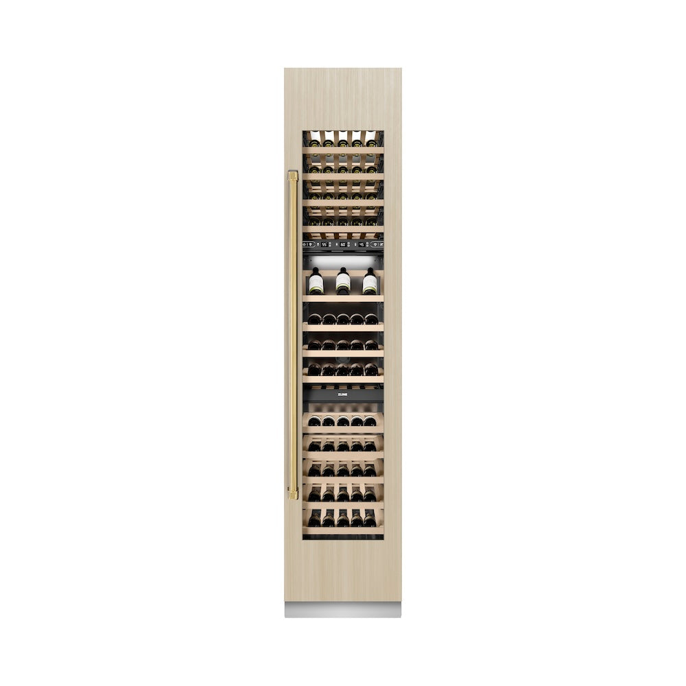 ZLINE Autograph Edition 18-inch wine cooler, panel ready with graphite gray interior and polished gold accents RBCWVRZ-18-G, front view