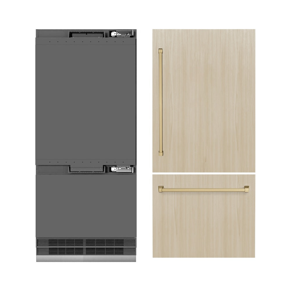 ZLINE Autograph Edition 36-inch refrigerator, panel ready with graphite gray interior and champagne bronze accents GRBITZ-36-CB, front view