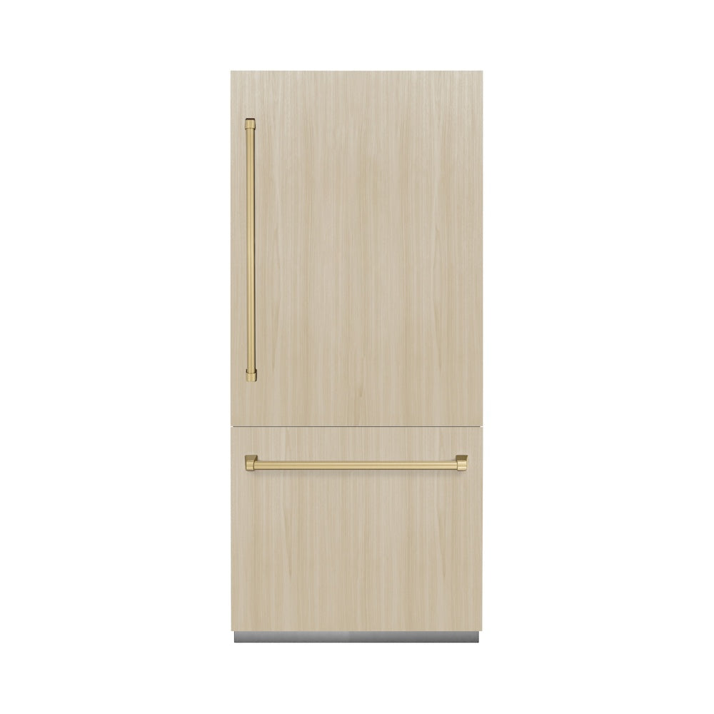 ZLINE Autograph Edition 36-inch refrigerator, panel ready with graphite gray interior and champagne bronze accents GRBITZ-36-CB, front view