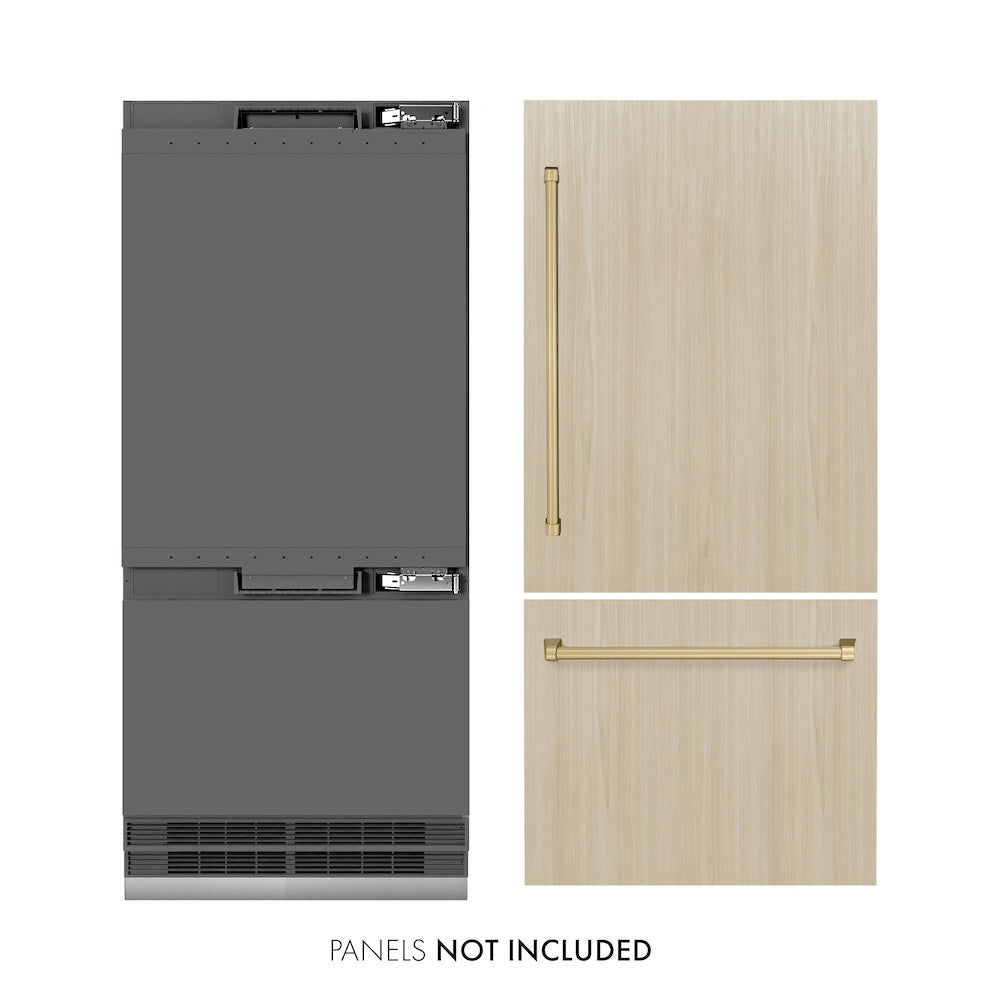 ZLINE Autograph Edition 36-inch refrigerator, panel ready with graphite gray interior and champagne bronze accents GRBITZ-36-CB, front view