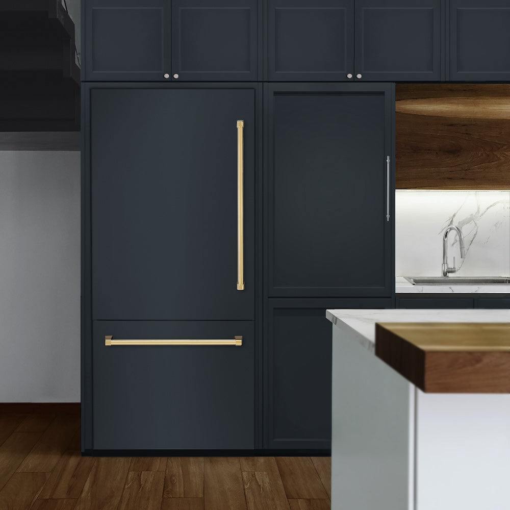 ZLINE Autograph Edition 36-inch refrigerator, panel ready with graphite gray interior and polished gold accents GRBITZ-36-G, view 3