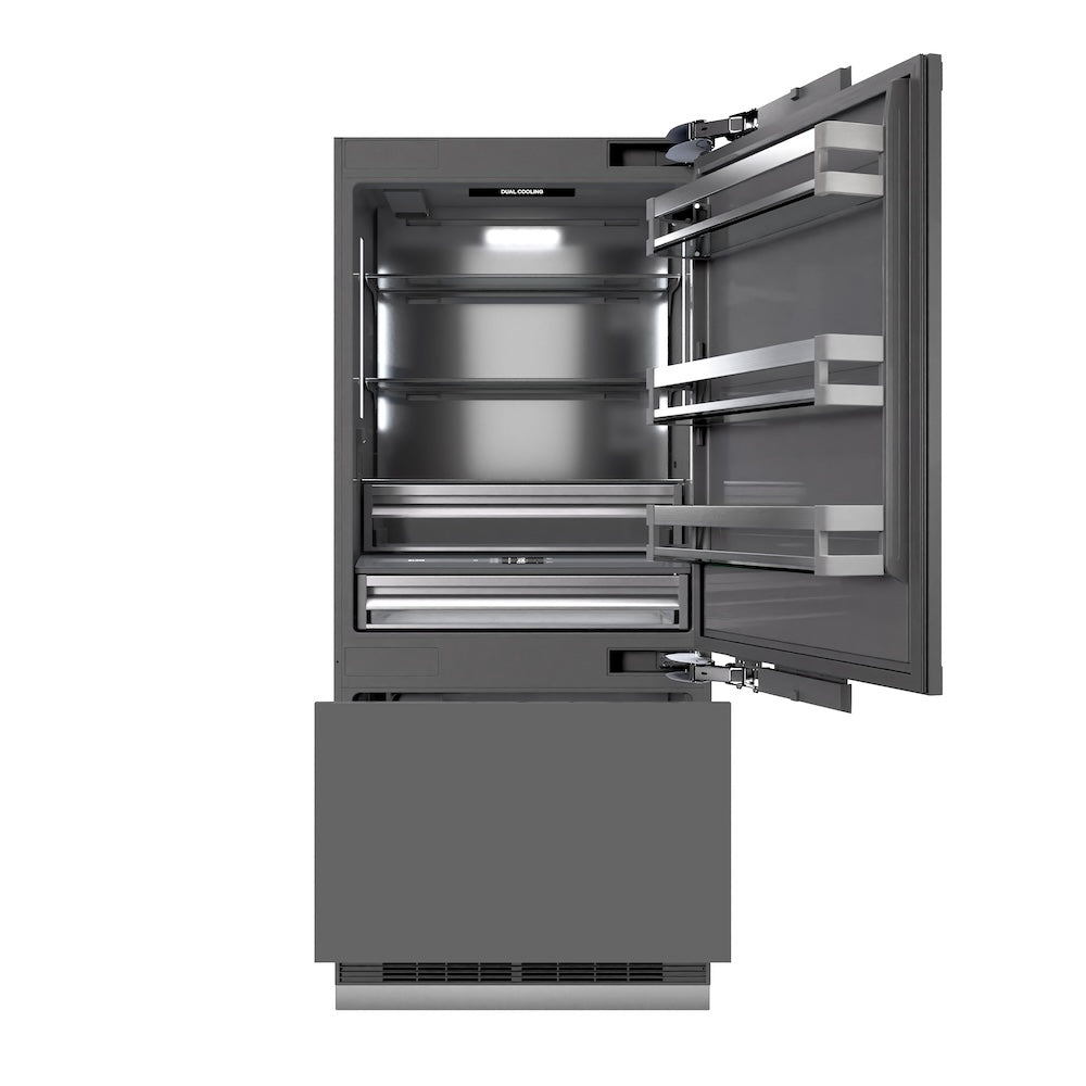 ZLINE Autograph Edition 36-inch refrigerator, panel ready with graphite gray interior and matte black accents GRBITZ-36-MB, front view
