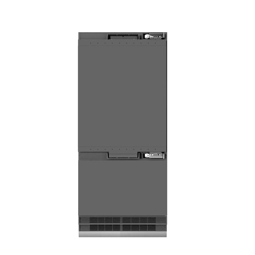 ZLINE Autograph Edition 36-inch refrigerator, panel ready with graphite gray interior and matte black accents GRBITZ-36-MB, front view