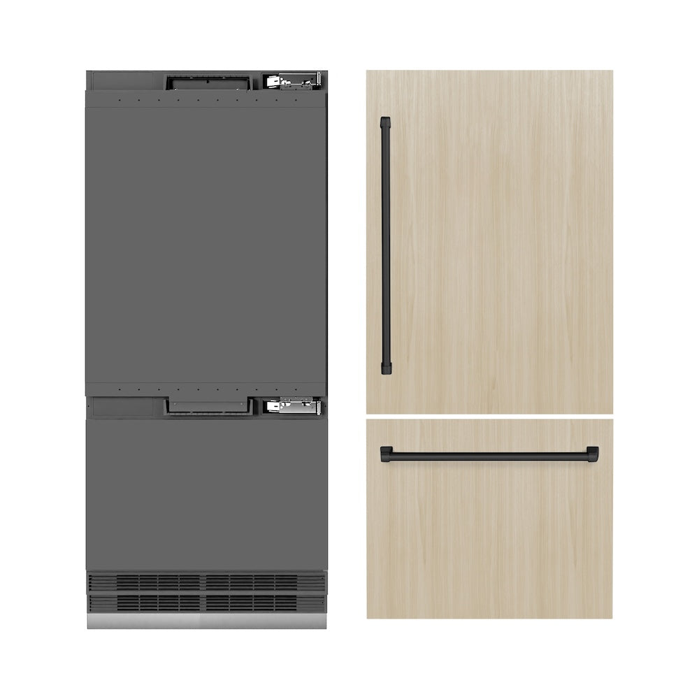 ZLINE Autograph Edition 36-inch refrigerator, panel ready with graphite gray interior and matte black accents GRBITZ-36-MB, front view