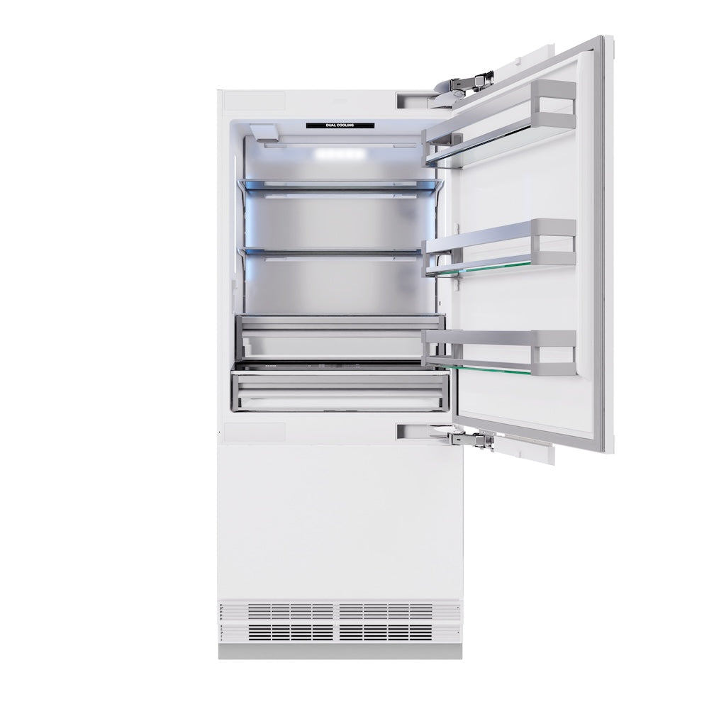 ZLINE Autograph Edition 36-inch refrigerator, panel ready with bright white interior and polished gold accents RBITZ-36-G, front view