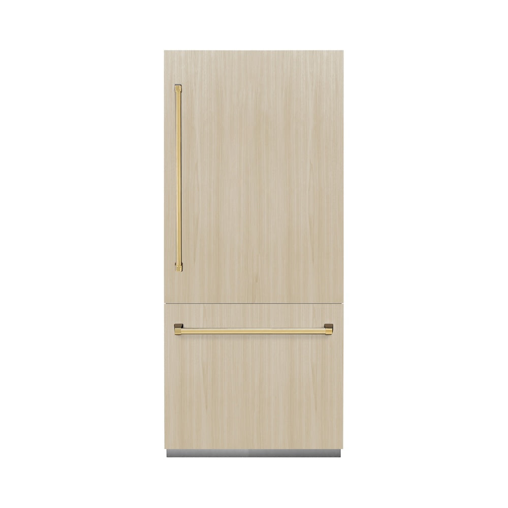 ZLINE Autograph Edition 36-inch refrigerator, panel ready with bright white interior and polished gold accents RBITZ-36-G, front view