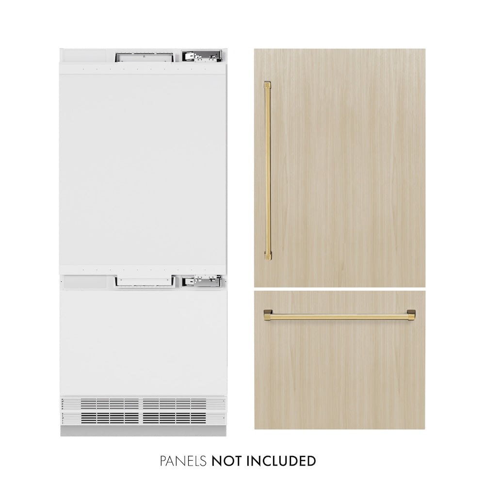 ZLINE Autograph Edition 36-inch refrigerator, panel ready with bright white interior and polished gold accents RBITZ-36-G