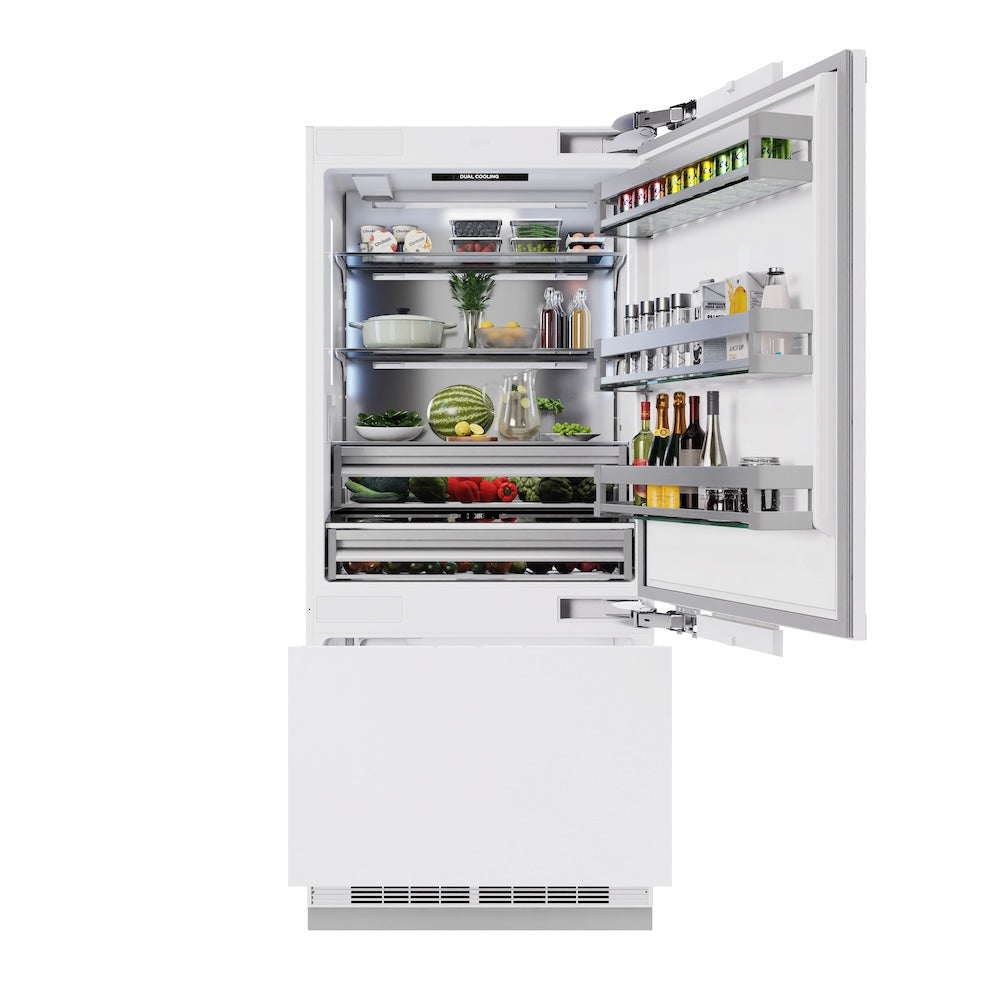 ZLINE Autograph Edition 36-inch refrigerator, panel ready with bright white interior and matte black accents RBITZ-36-MB, front view