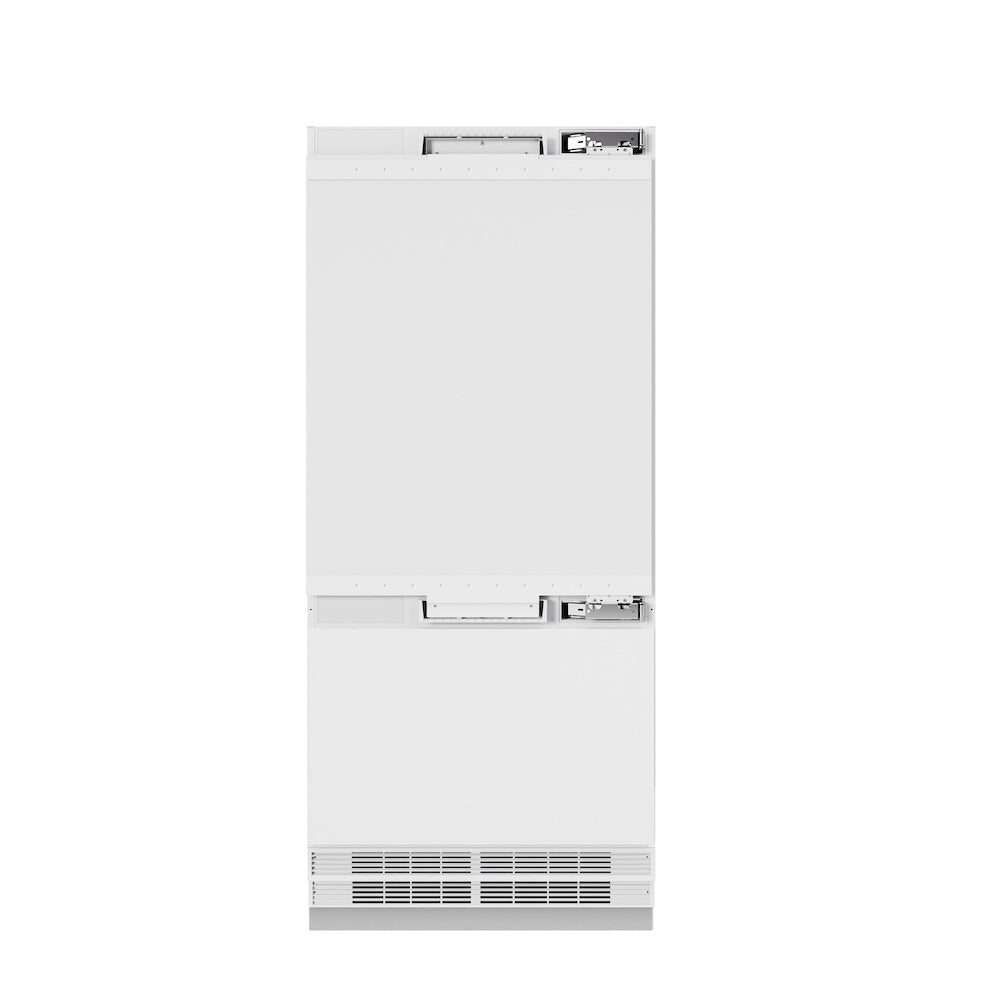 ZLINE Autograph Edition 36-inch refrigerator, panel ready with bright white interior and matte black accents RBITZ-36-MB, front view