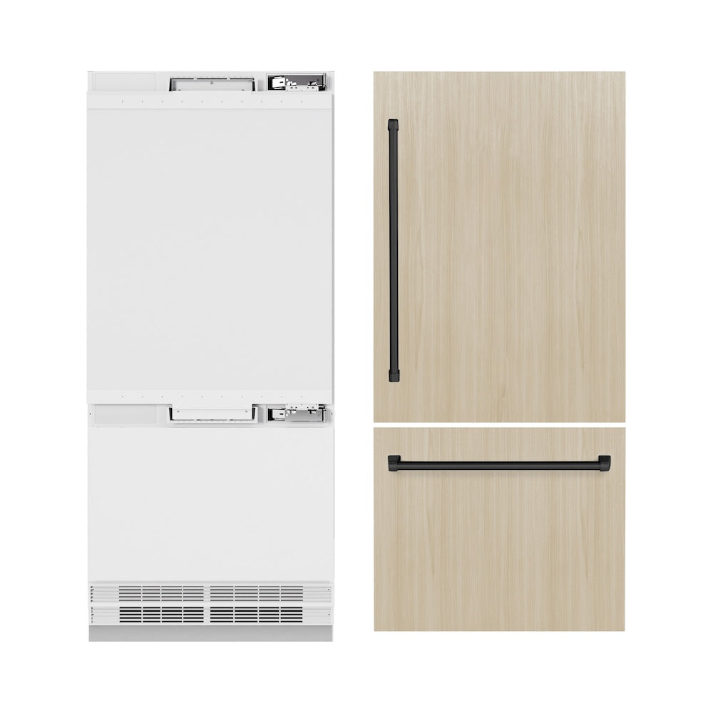 ZLINE Autograph Edition 36-inch refrigerator, panel ready with bright white interior and matte black accents RBITZ-36-MB, front view