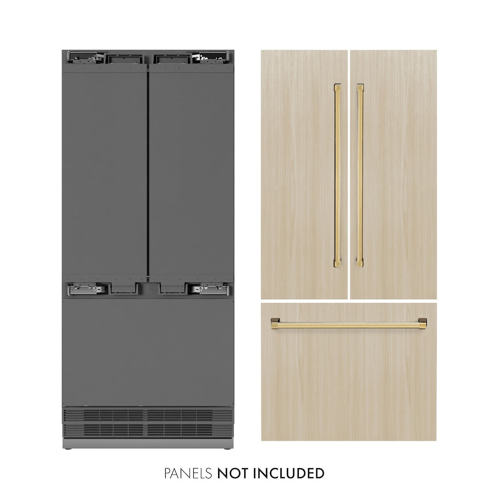 ZLINE Autograph Edition 36-inch refrigerator, panel ready with stainless steel interior and polished gold accents SRBIVZ-36-G, front view