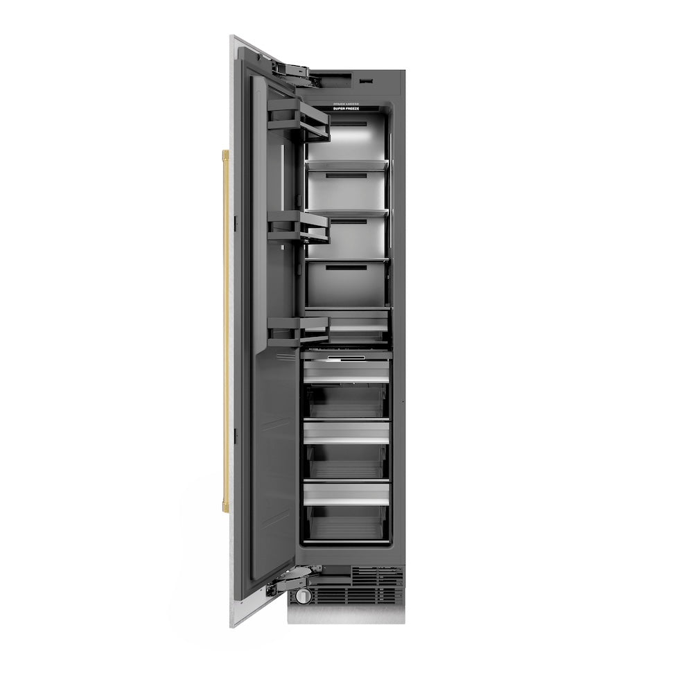 ZLINE Autograph Edition 18-inch freezer in satin stainless steel with graphite gray interior and polished gold accents RCFVLZ-SN-18-G