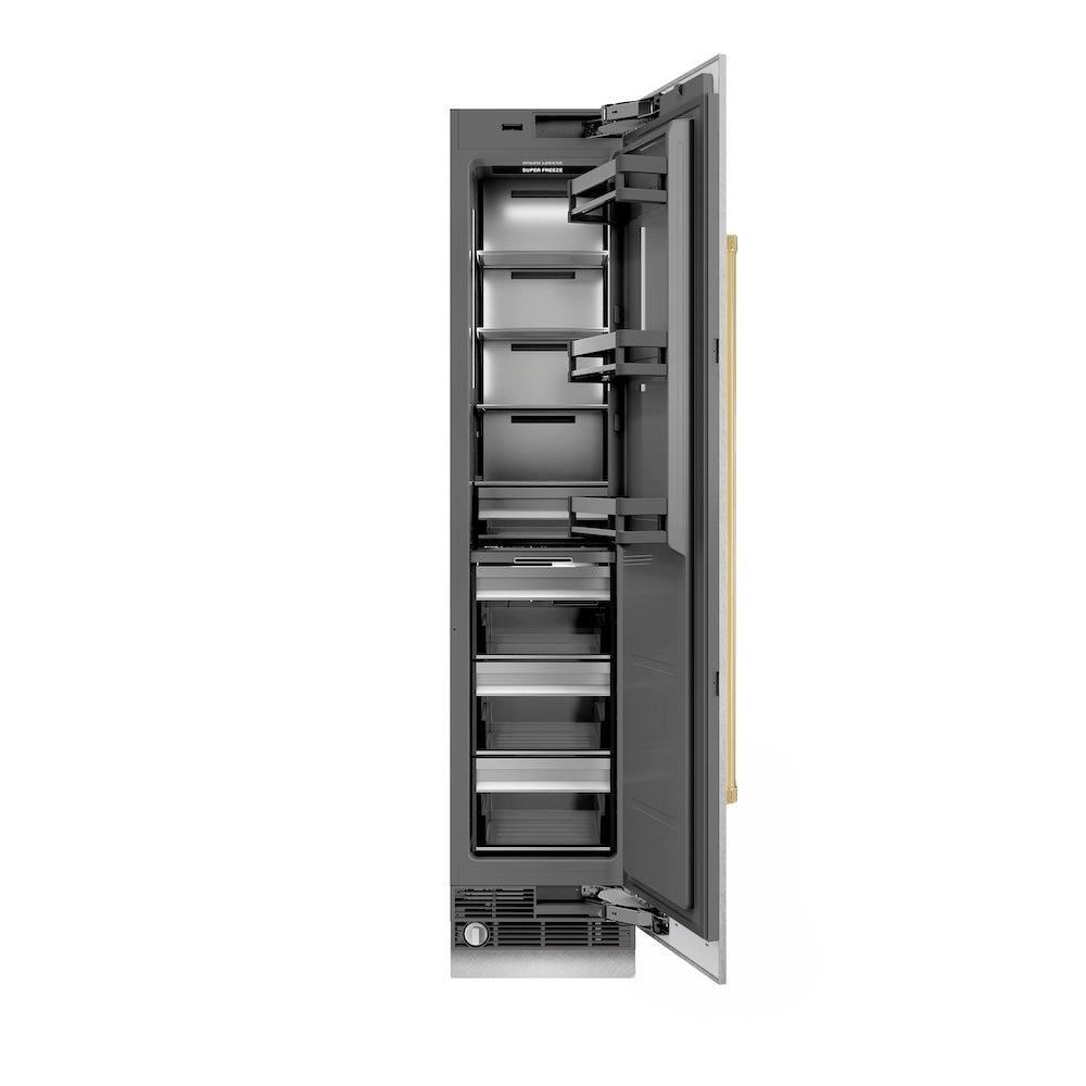 ZLINE Autograph Edition 18-inch freezer in satin stainless steel with graphite gray interior and polished gold accents RCFVRZ-SN-18-G