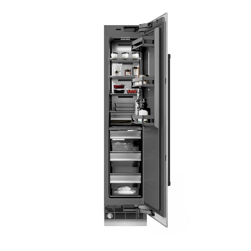ZLINE Autograph Edition 18-inch freezer in satin stainless steel with graphite gray interior and matte black accents RCFVRZ-SN-18-MB, front view