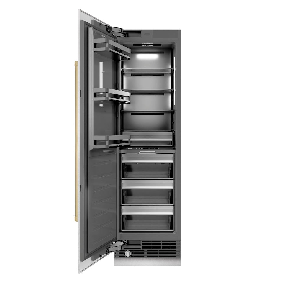 ZLINE Autograph Edition 24-inch freezer in satin stainless steel with graphite gray interior and champagne bronze accents RCFVZ-SN-24-CB