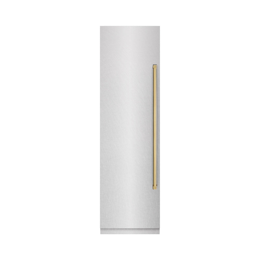 ZLINE Autograph Edition 24-inch freezer in satin stainless steel with graphite gray interior and polished gold accents RCFVZ-SN-24-G, front view