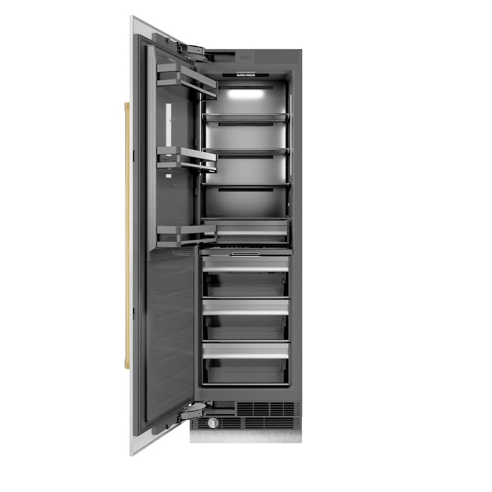 ZLINE Autograph Edition 24-inch freezer in satin stainless steel with graphite gray interior and polished gold accents RCFVZ-SN-24-G