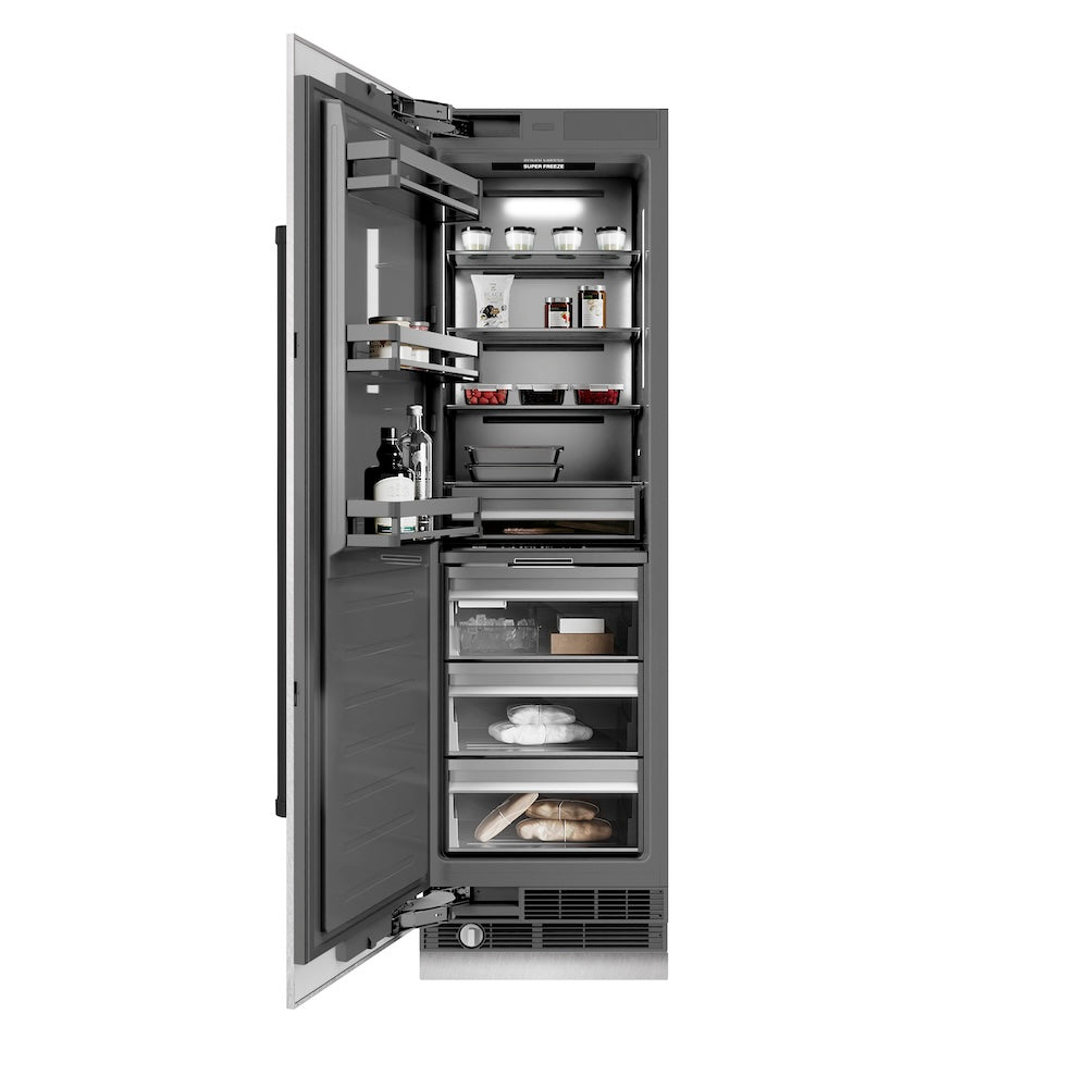 ZLINE Autograph Edition 24-inch freezer in satin stainless steel with graphite gray interior and matte black accents RCFVZ-SN-24-MB, front view