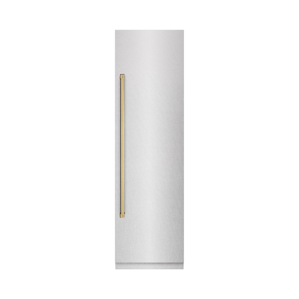 ZLINE Autograph Edition 24-inch refrigerator in satin stainless steel with graphite gray interior and polished gold accents RCRVZ-SN-24-G, front view