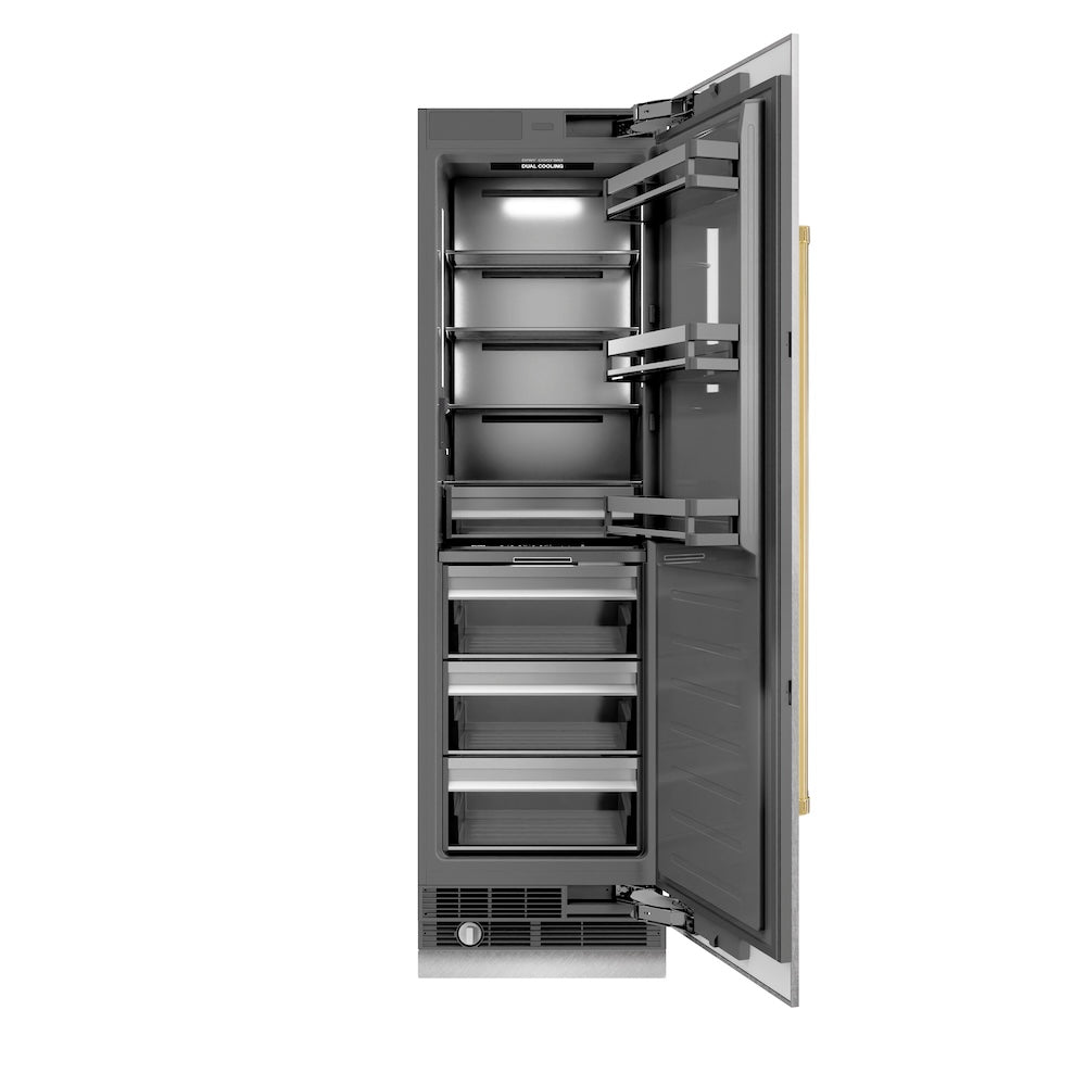 ZLINE Autograph Edition 24-inch refrigerator in satin stainless steel with graphite gray interior and polished gold accents RCRVZ-SN-24-G
