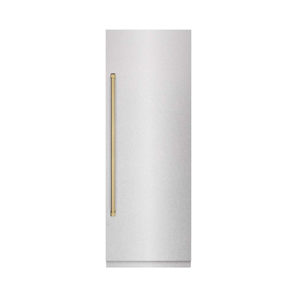 ZLINE Autograph Edition 30-inch refrigerator in satin stainless steel with graphite gray interior and champagne bronze accents RCRVZ-SN-30-CB, front view
