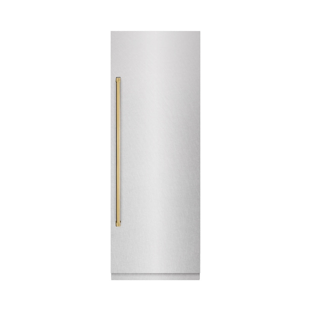 ZLINE Autograph Edition 30-inch refrigerator in satin stainless steel with graphite gray interior and polished gold accents RCRVZ-SN-30-G, front view