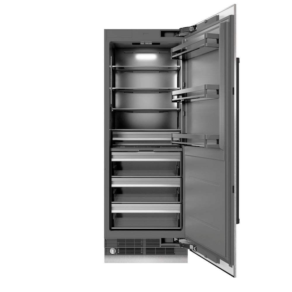 ZLINE Autograph Edition 30-inch refrigerator in satin stainless steel with graphite gray interior and matte black accents RCRVZ-SN-30-MB